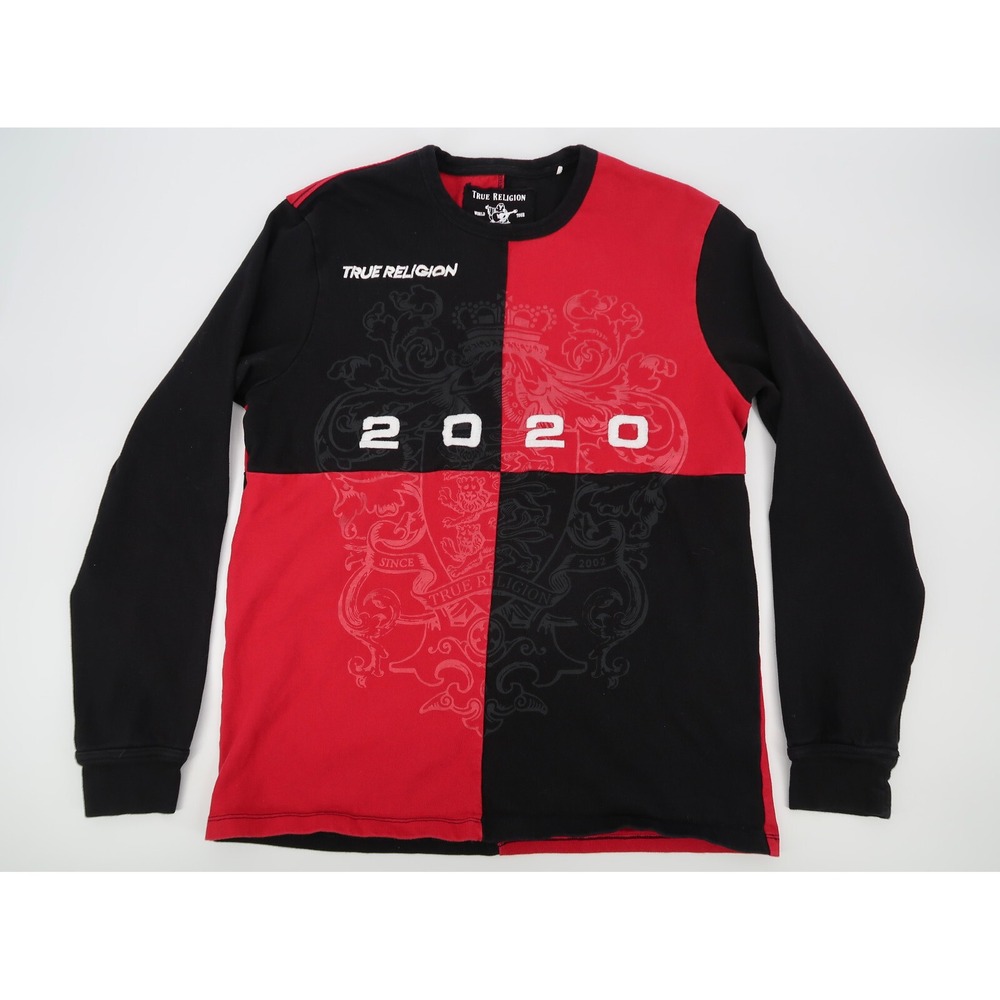 True Religion Mens Large Embroidered Logo Long Sleeve Crew Neck Red Black - Picture 1 of 5